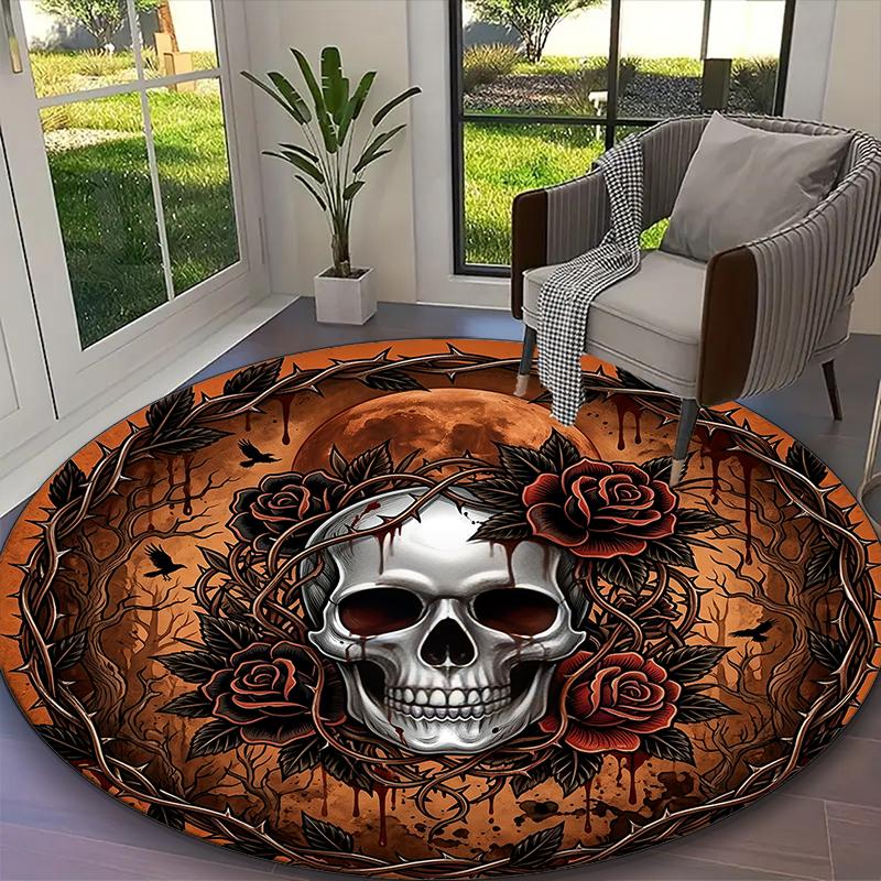 Gothic Rose Skull Rug Ideal for Reading Room, Multi-purpose Office Chair Sofa Carpet, Anti-slip Printed Home Round Rug