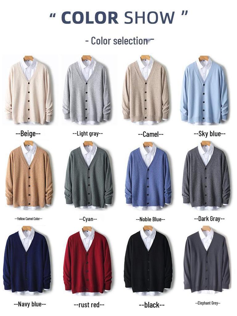 Men's V-neck Wool Cardigan: Autumn/Winter Business Casual Solid Color Long Sleeve, Warm Loose Knit Outerwear.