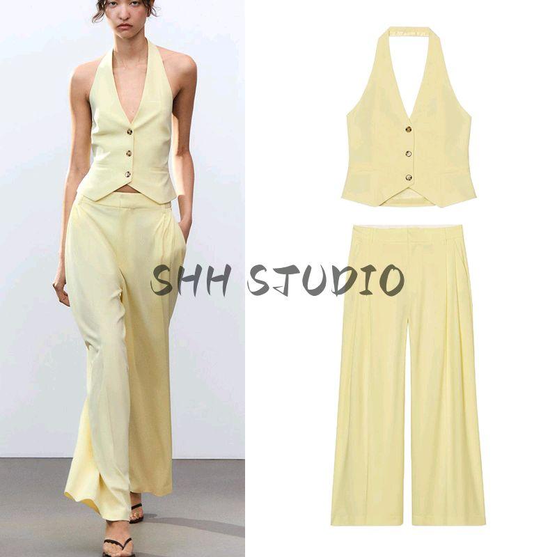 Hanging Collar Vest-Style Tops Vest 2010832 Pairs of Pleated High Waist Simple Graceful Casual Pants 4661428
