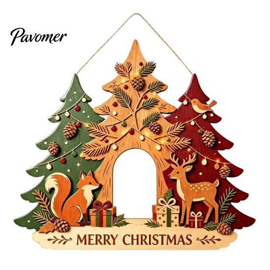 Christmas Front Entrance Sign Wooden Hanging Ornament, Multi-Layer Tree Wood Plaque Vintage Window Decor with Rope, Merry Festive Door Wall