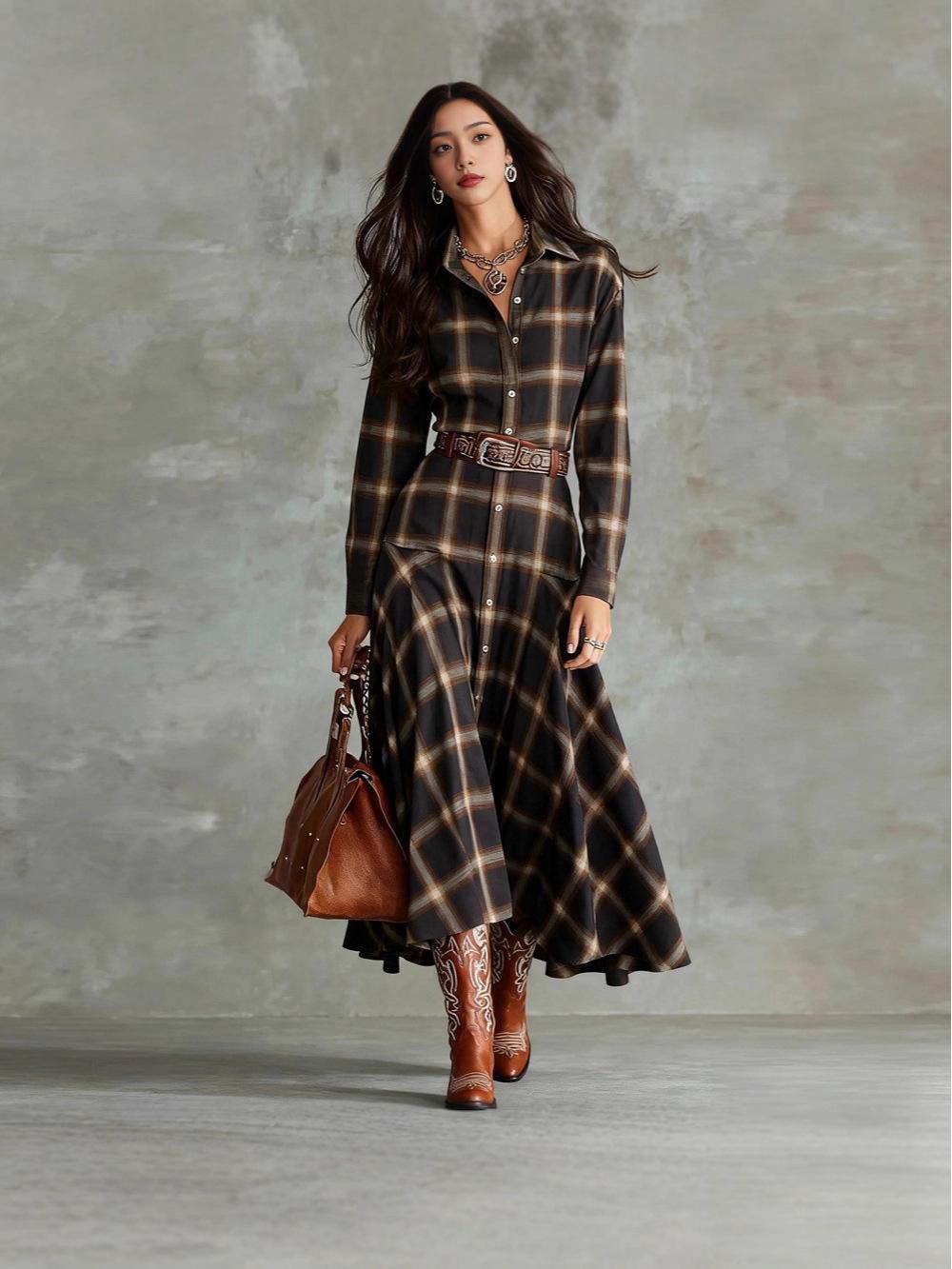 

2025 Retro Plaid Long Sleeve Shirt Dress for Women - European & American Autumn/Winter Style 3XL чёрный