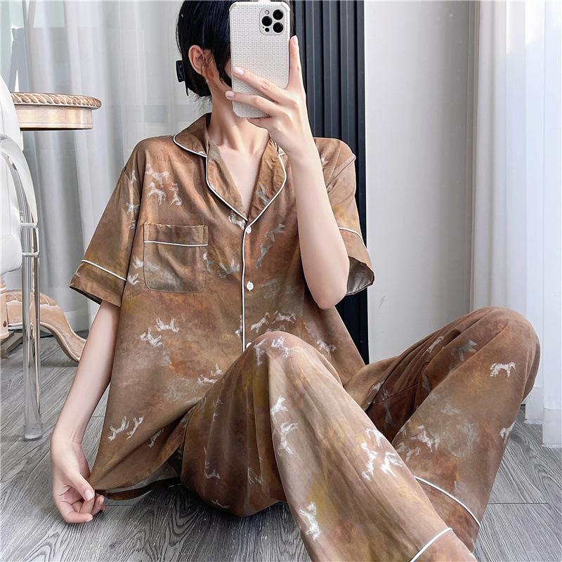 Korean version of sweet girl short-sleeved pajamas women's spring summer cotton and silk shirt collar can be worn outside loungewear princess