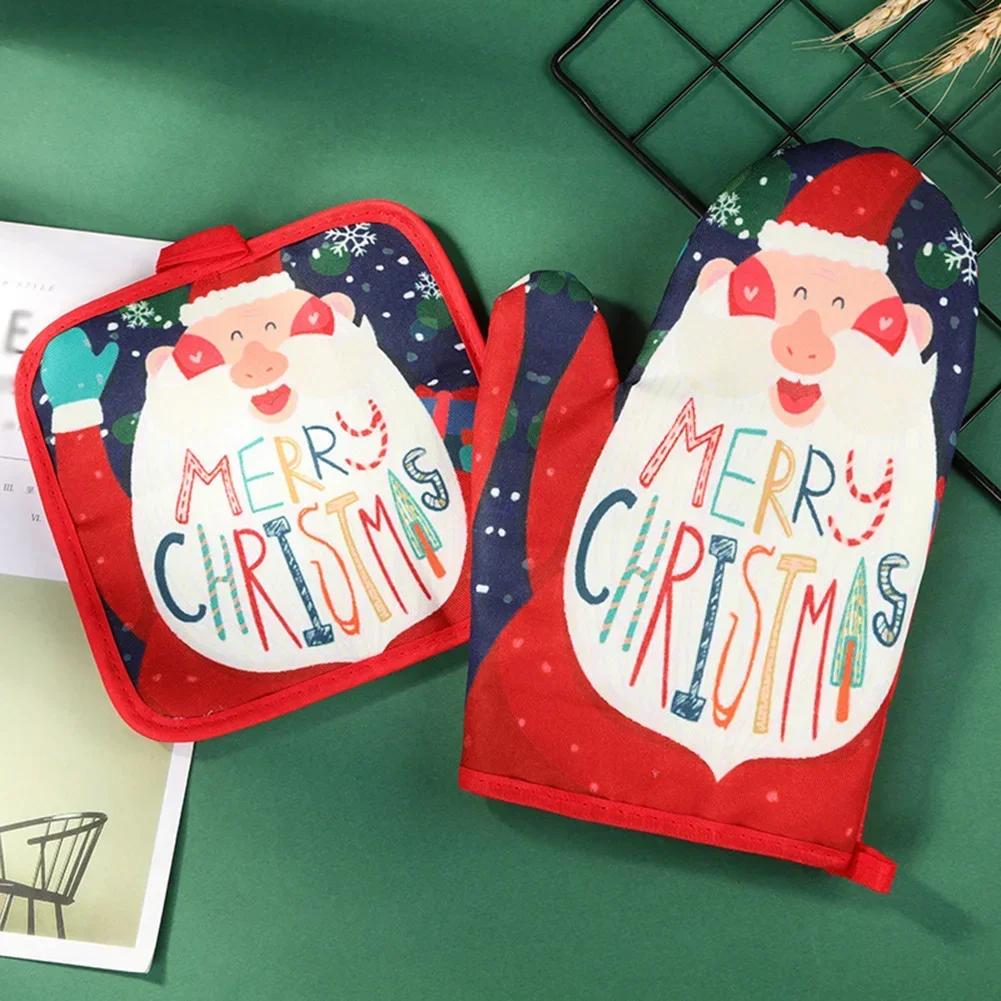 Kitchen Gloves Insulation Merry Christmas Pad Cooking Microwave Gloves Baking BBQ Oven Pot Holders Oven Mitts Potholder Pad