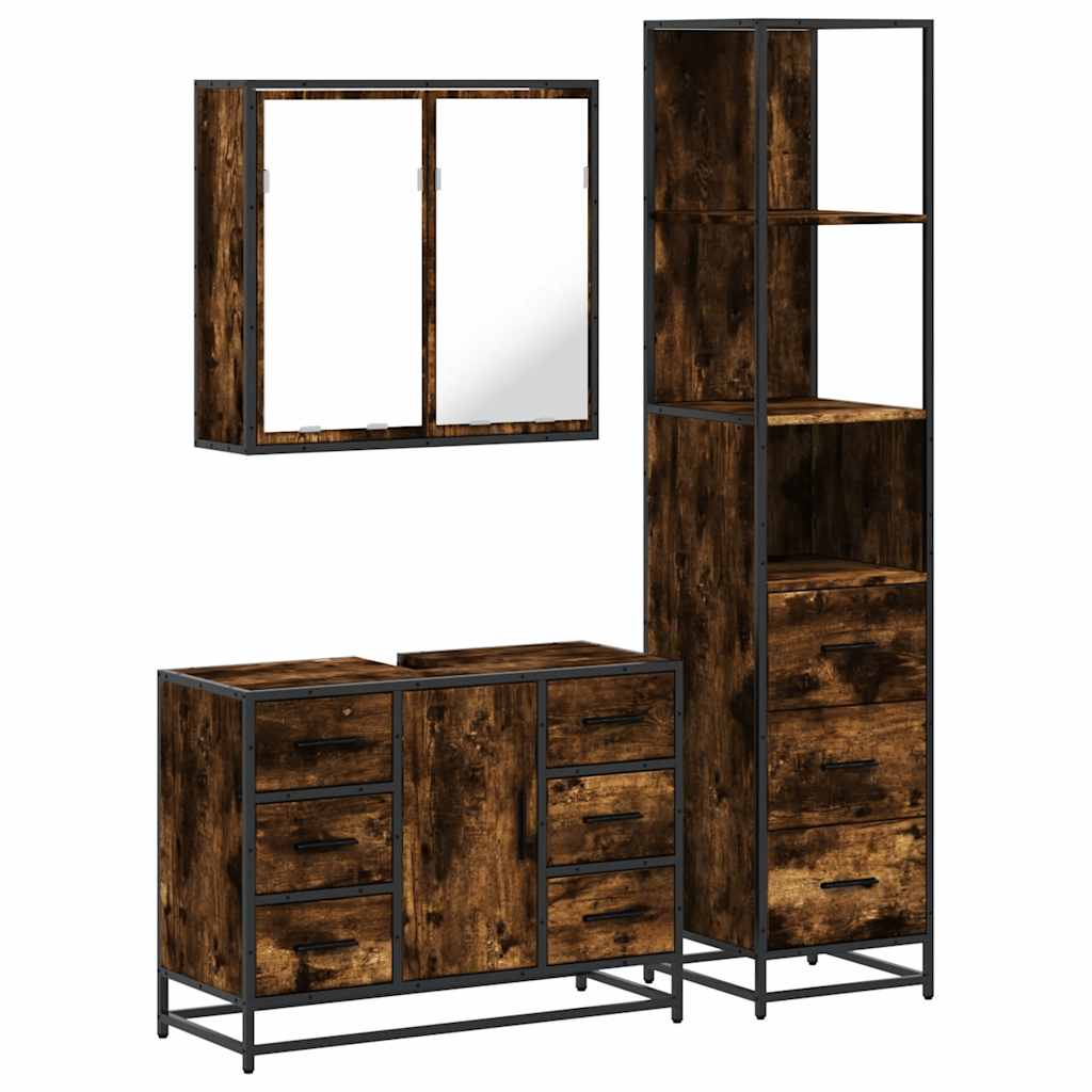 3 Piece Bathroom Furniture Set Smoked Oak Wood Based Material