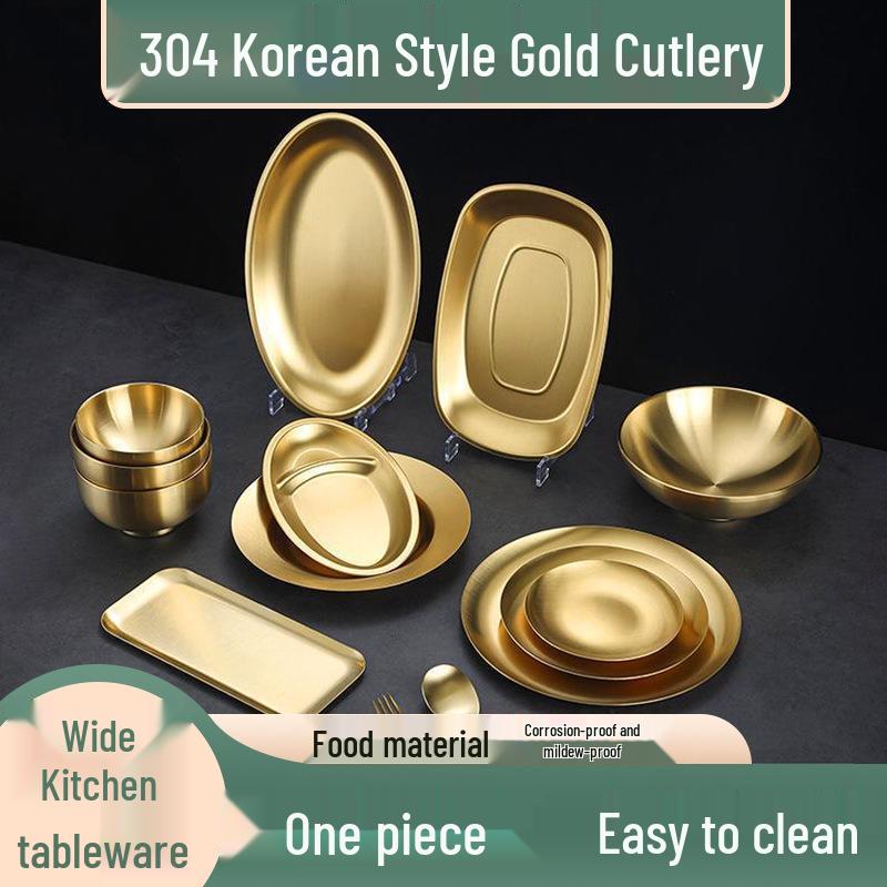 Korean Stainless Steel BBQ Gold Cutlery Round Plate
