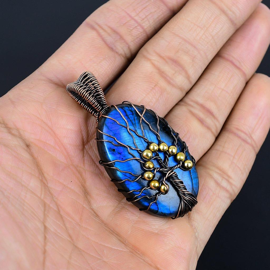 Tree Of Life Labradorite Pendant, Handmade Gemstone 999 Copper Wire Wrapped Pendant Antique Jewelry, For Gift Silver Jewelry