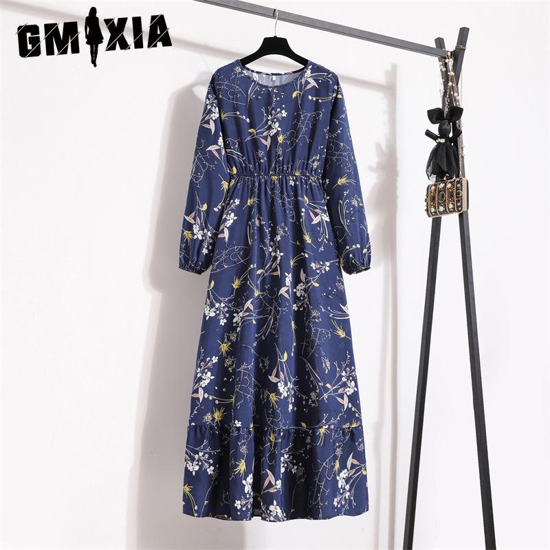 GMXIA 25 Colors Spring Women Maxi Dresses Casual Long Sleeve Floral Print O-Neck Ladies Long Dress Bohe Beach Party Mujer Vestidos Muslim Dress