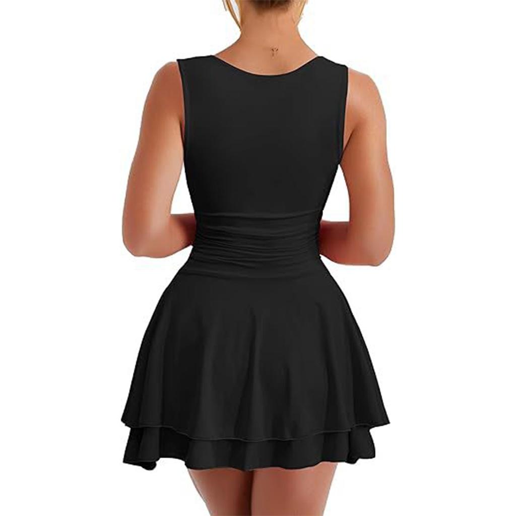 Women's Fashionable Color Sexy Square Neck Pleated Hem Sleeveless Pullover Dress