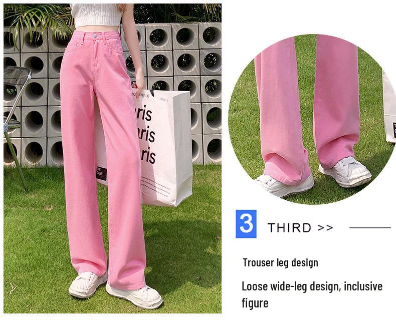 Women's Pink High-Waisted Wide-Leg Jeans: Summer Thin, Loose Fit, Plus Size, Slimming, Floor-Length Straight Pants