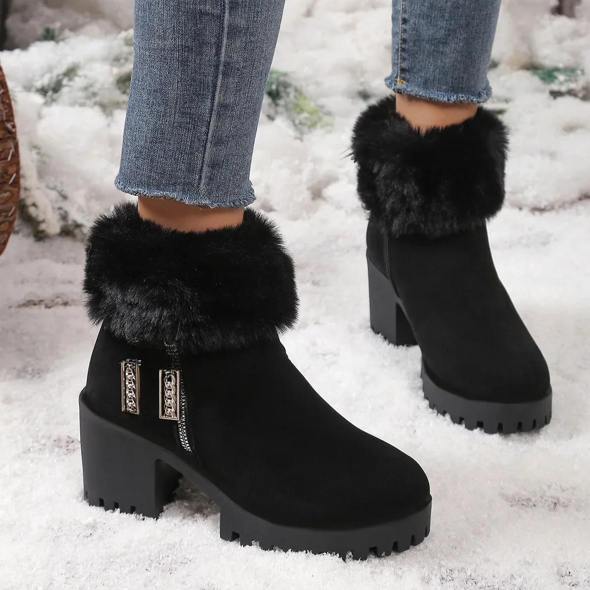 

Winter Fleece Lined Warm Cotton Boots Women s Large Size Chunky Heel round Toe Short Boots Fur Trimmed Booties Snow Boots 43