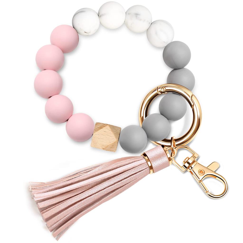 UpUDo Keychain Bracelet Wristlet, Silicone Beaded Key Ring Bracelet with Card Wallet, Elastic Key Ring Bangle for Women, Rose Gold, Large
