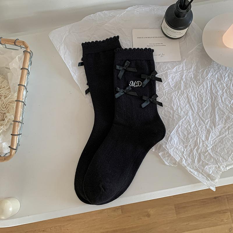 

Женские милые вышитые носки-гольфы средней длины без косточек с бантом из кружева 1 pair