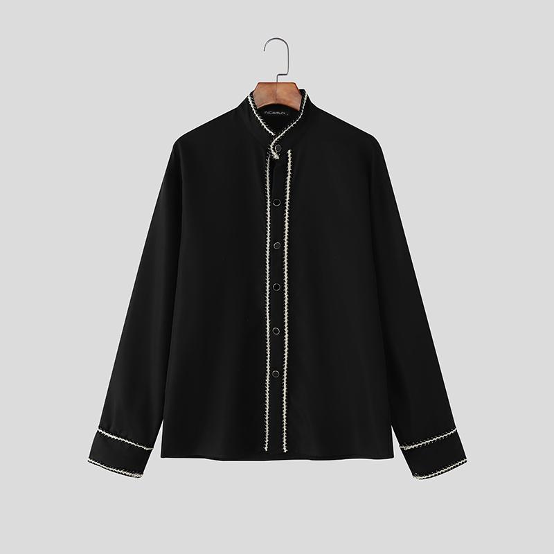 INCERUN Men Stand Neck Stitching Buttons Up Casual Long Sleeve Shirts