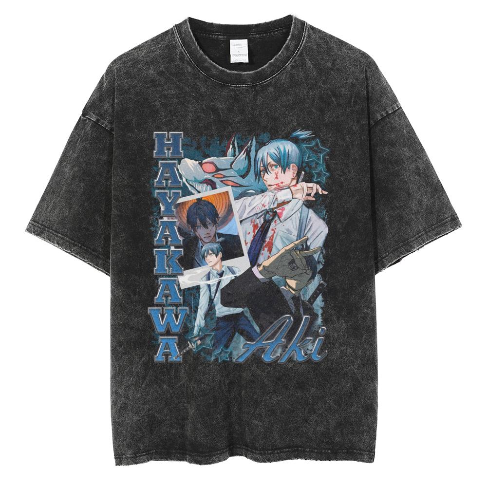 Anime Chainsaw Man Pochita Kawaii Printed Washed Tshirt Men Vintage Casual Tshirts Manga Cotton T Shirt Harajuku Male Tops