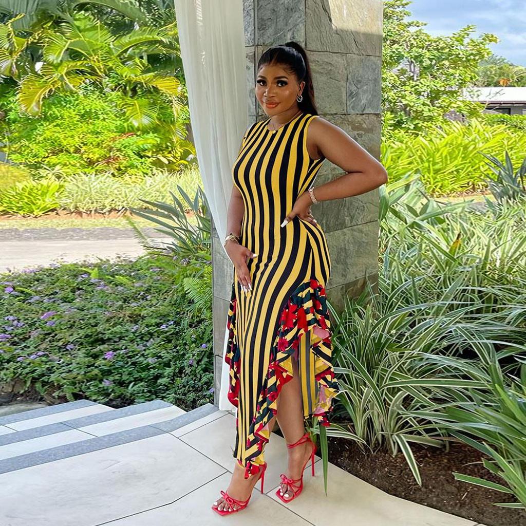 European & American Women's Sleeveless Striped Ruffle Print Dress