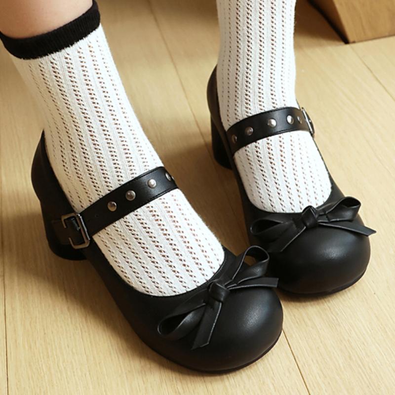 Women's Round Heels Mary Janes Shoes 2025 Fashion Black White Medium Heeled Office Dance Wedding Shoes for Girls Big Size 45 48