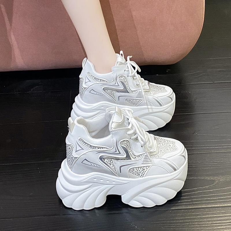 Fashion 10CM Heels Chunky Sneakers Spring Autumn Women Thick Leather Shoes Comfortable Casual Leather Shoes Fashion Bling Leather Shoes