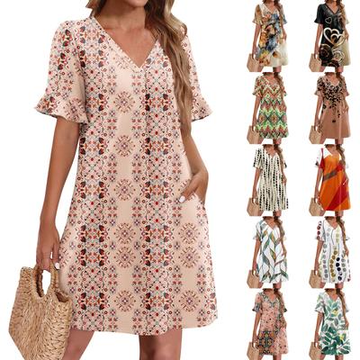 Summer Dresses For Women V Neck Ruffle Short Sleeve Casual Loose Printing Dress Beach Dress With Pockets