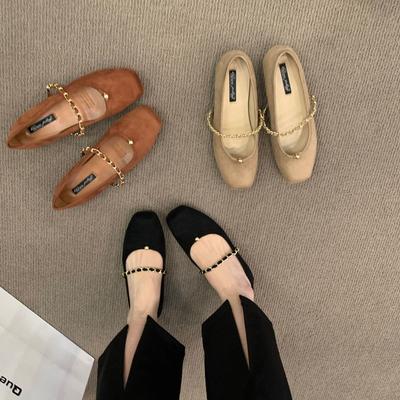 Casual Flat Bottom Shallow Mouth Leather Shoes Small Fragrant Single Shoes French Square Head Suede Chain Mary Jane Women's Shoes French