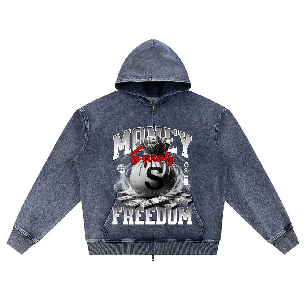 DTG Print Knitted Denim Zip-Up Hoodie Money Equals Freedom Brother Print Zipper Hoodies  