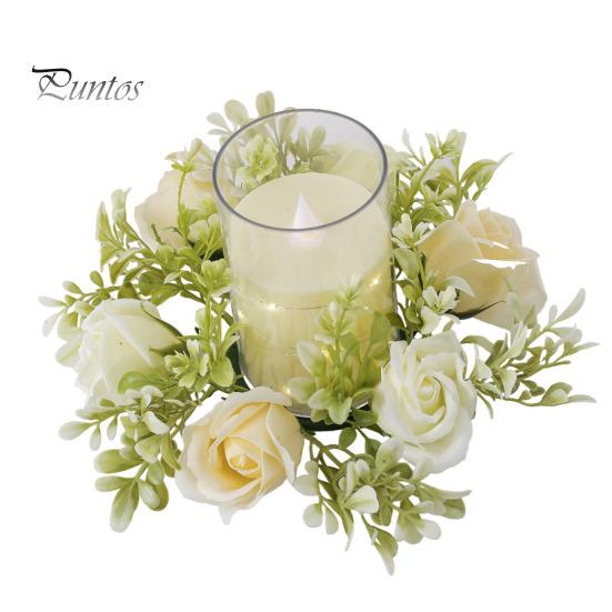 Delicate Candle Topper Artificial Rose Ring Pillar Candles Greenery Flower Wreath Plastic Garland Seasonal for Wedding Centerpiece Holiday Decor