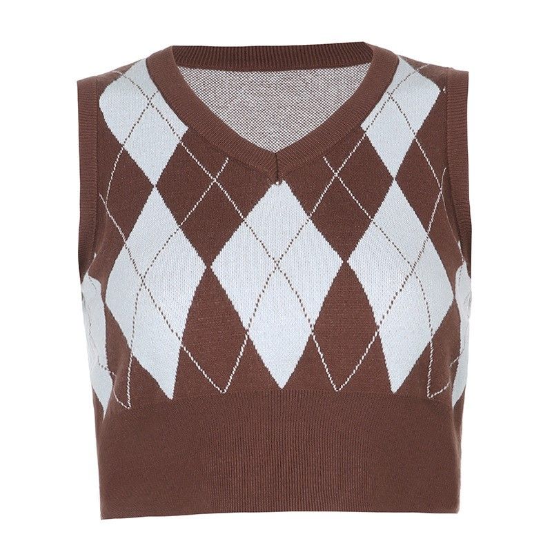 Holiday Autumn and Winter Personalized Fashion New Arrival Woolen Women's Clothing Sexy Plaid Color Contrast Short Sleeveless Vest Tops