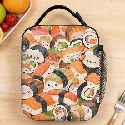 Dense Sushi and Cute Characters Pattern Lunch Bag Casual Travel Lunch Box Designer Portable Tote Food Bags