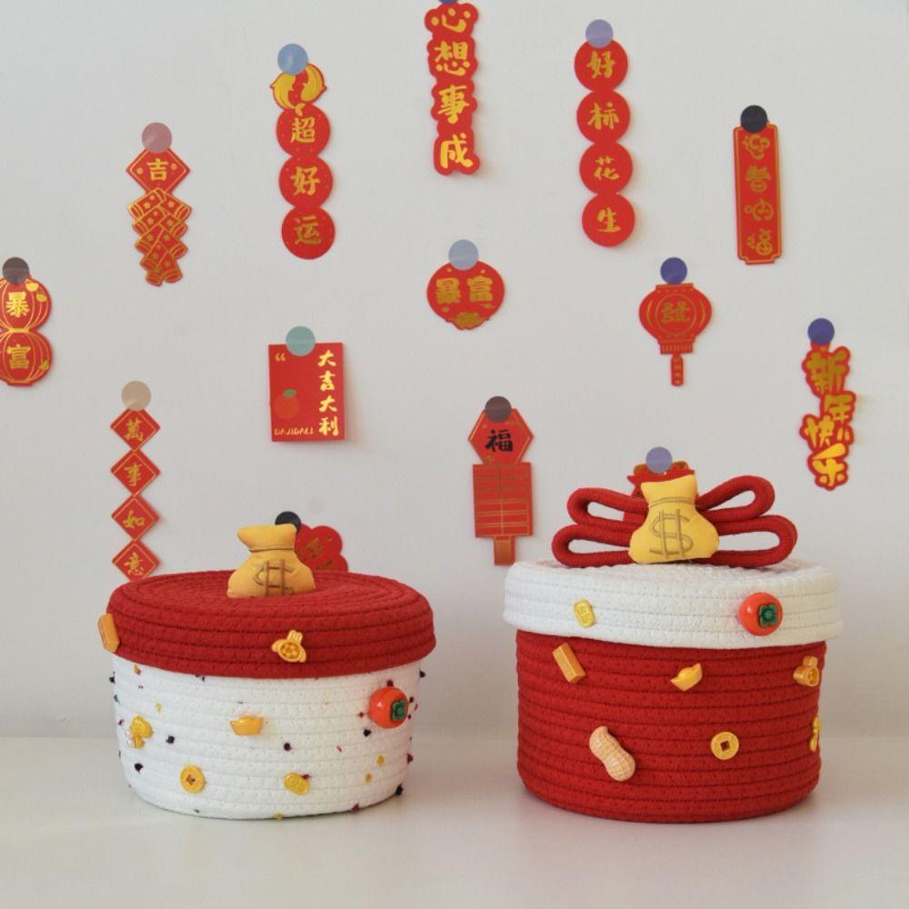 Handmade New Year Storage Basket Cartoon Blessing Desktop Storage Box with Lid Decorative Sundries Organizer Clutter Management