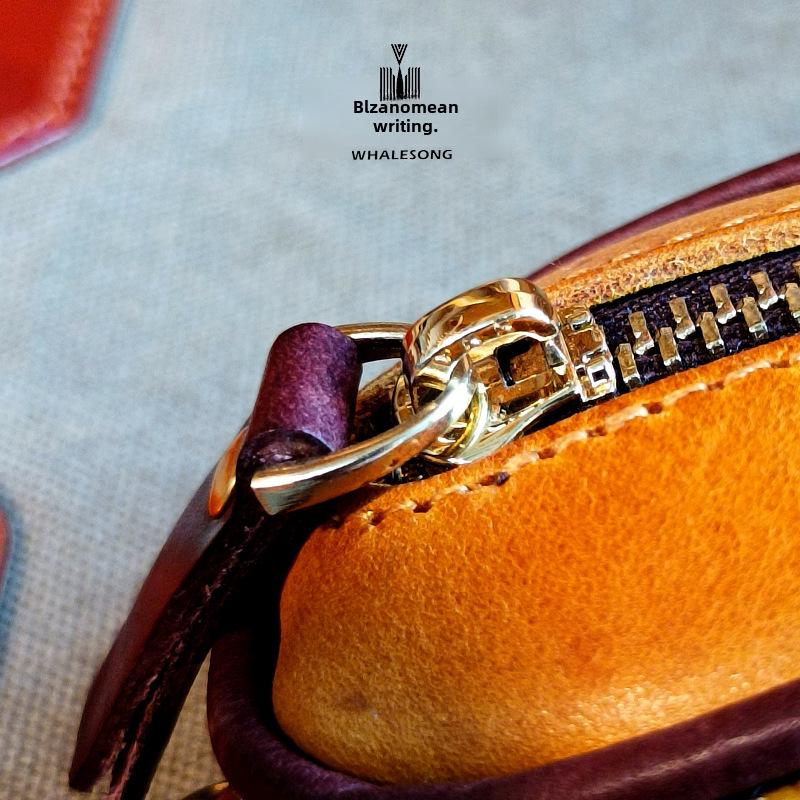 Retro Vegetable Tanned Leather Coin Purse: Genuine Oil Wax Cowhide Headphone Storage Bag