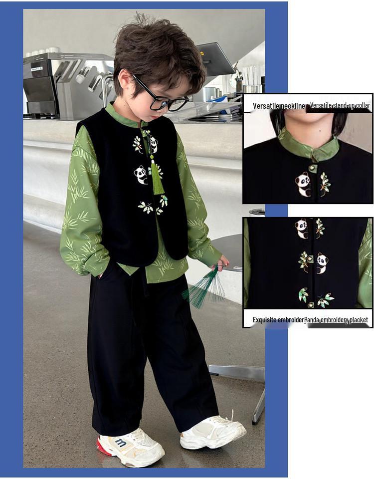 Traje Chinês Tang para Meninos Outono 2025: Conjunto de Camisa e Calça Bordada de Panda Estilo Antigo