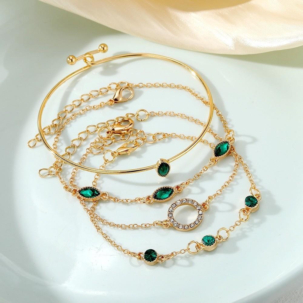 4Pcs/Set Imitation Gemstone Bangle Set Green Color Jewelry Set Fashion Hollow Bracelet
