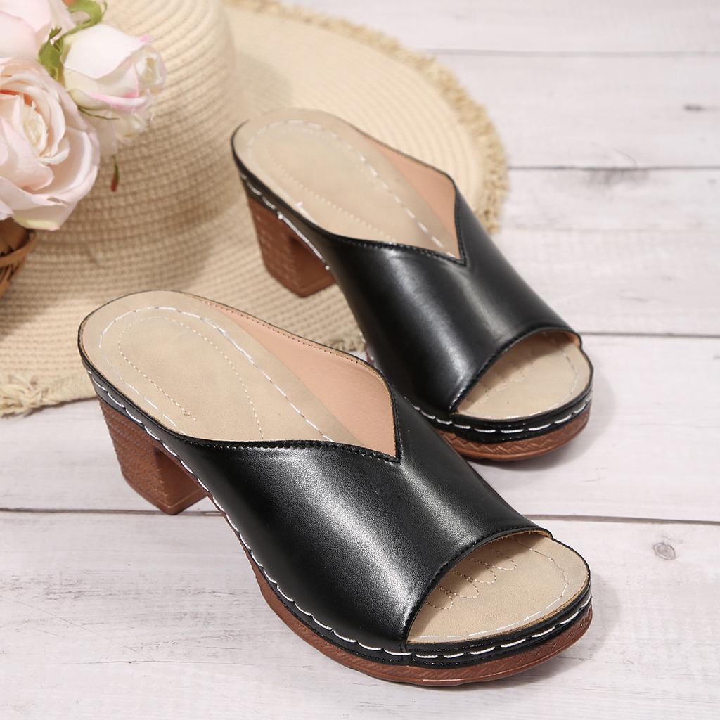 2025 Foreign Trade Summer Women's Thick Heel High-heeled Slippers Large Size Fish Mouth One-word High-heeled Outer Slippers