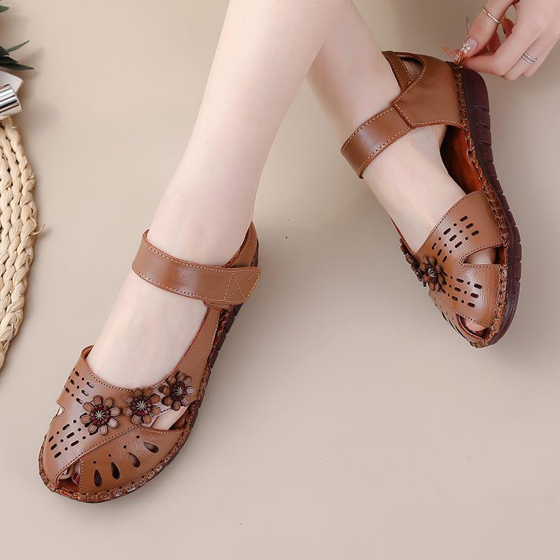 Fashion GKTINOO Summer New Handmade Women's Shoes National Style Genuine Leather Hollow Women's Sandals Soft Flat with Sandals