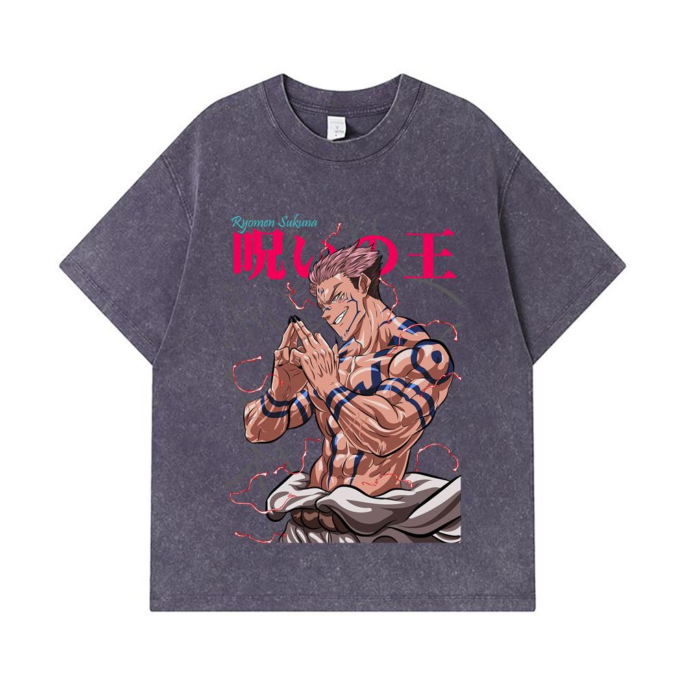 275 GSM Washed T-shirts 100% Cotton Jujutsu Kaisen V46 Sukuna Print Unisex Heavy Cotton T Shirt