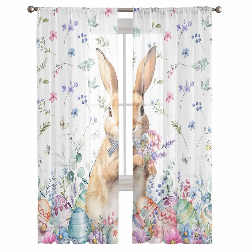 Ostereier, Hase, Blumen, Tüllvorhänge für Wohnzimmer, durchsichtiger Vorhang für Schlafzimmer, Küche, Jalousien, Voile-Vorhänge