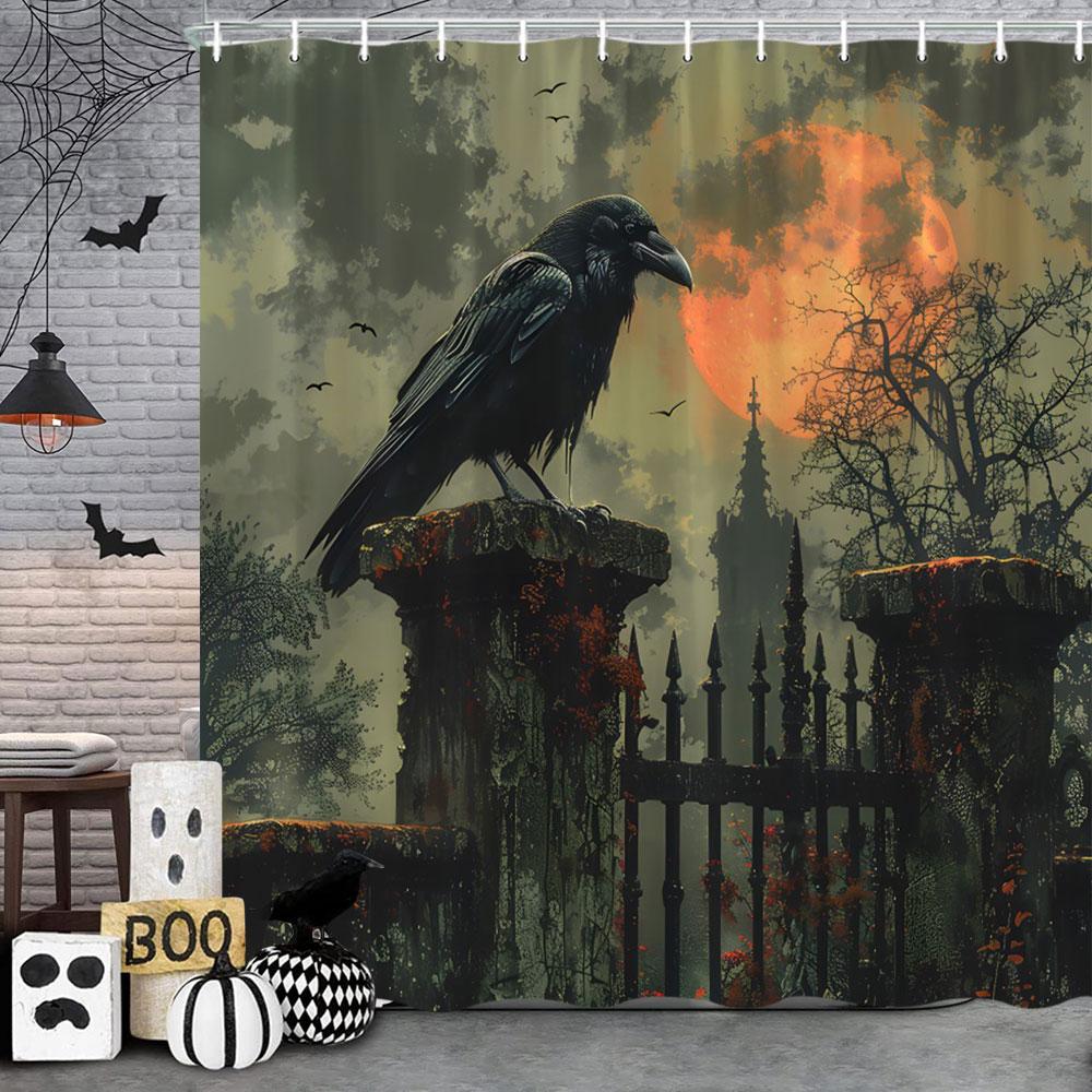 Spooky Horror Halloween Skeleton Crow Shower Curtain Black Bat Black Cat Polyester Fabric Bath Curtain Bathroom Decor With Hoo