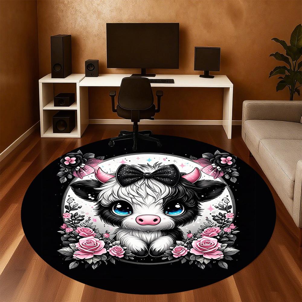 1PC Cute Cow Floral Cute Round Chair mat Area Rug - Non-Slip, Floor Mat for Office, Bedroom, home decor Christmas Gift c0528016