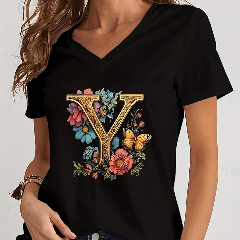 Women Tshirts AZ 26 Alphabet Flower Vintage Design Premium Tshirt Vintage Butterfly Flower 26 English Alphabet Summer Tshirt