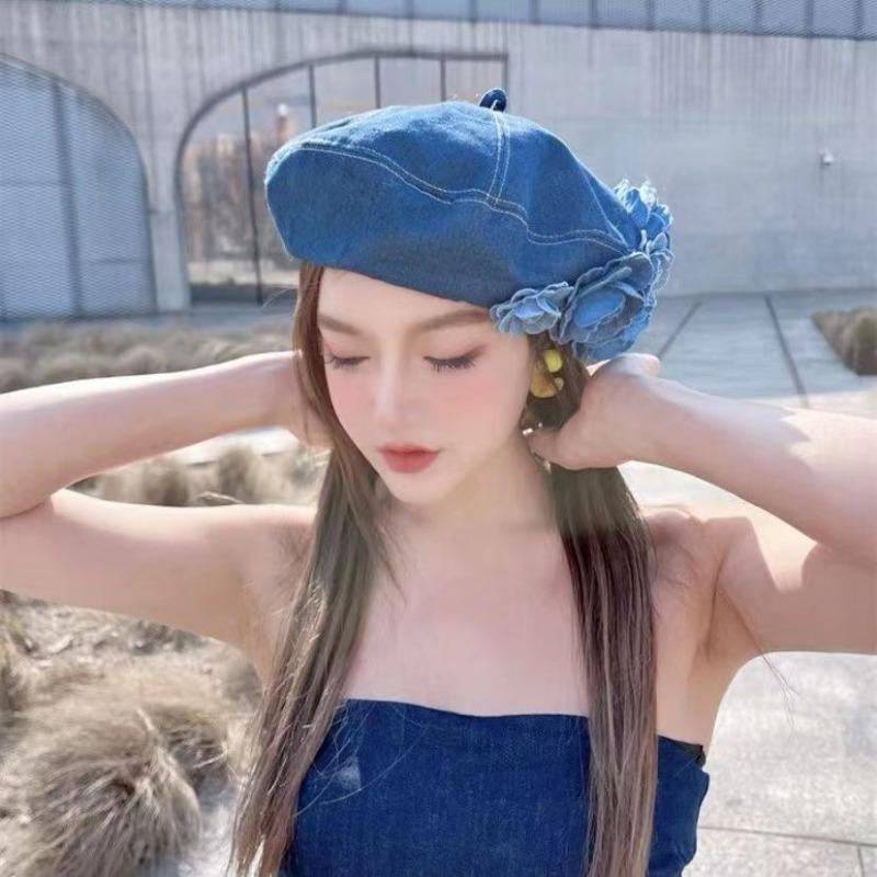 Kamélie Baskenmütze Kontrastfarben Denimfarbe Blume Baskenmütze Trendige Lässige Flauschige Baskenmütze