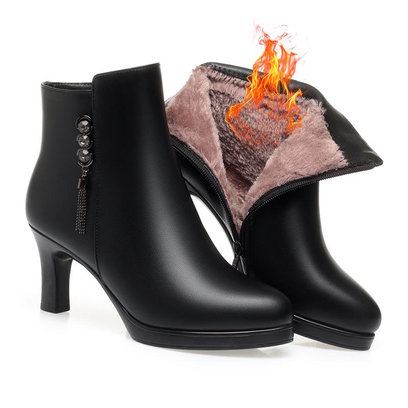 Women's High Heel Short Boots - Temperament Style, Autumn & Winter Plush Leather Shoes