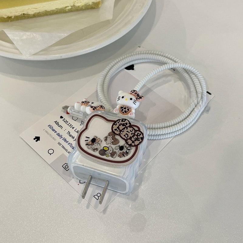Leopard Print Hello Kitty Data Cable Protective Sleeve For Iphone 17 16 15 18/20W Charger Head Protector Cover Anti-Break Rope