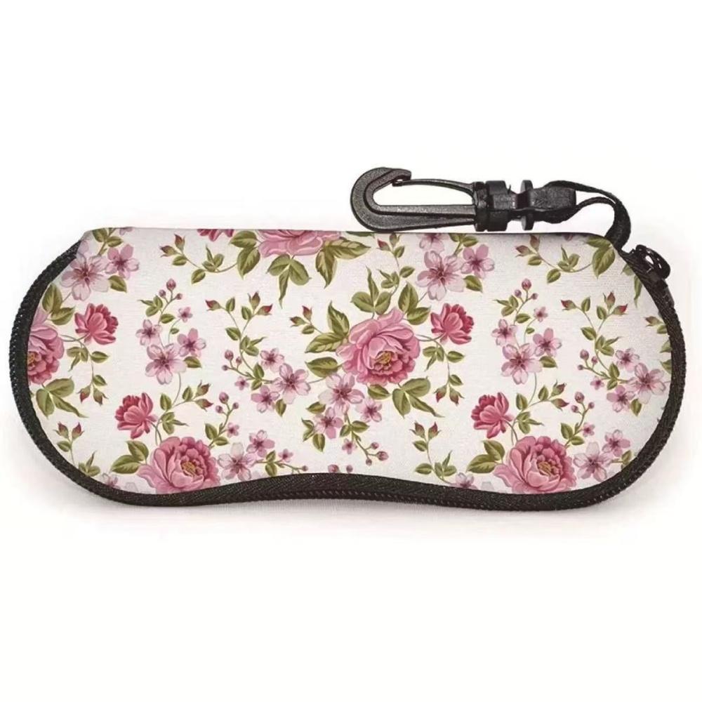 Portable Floral Sunglasses Case with Carabiner Ultra Light Waterproof Eyeglass Pouch Zipper Glasses Organizer for Women Men