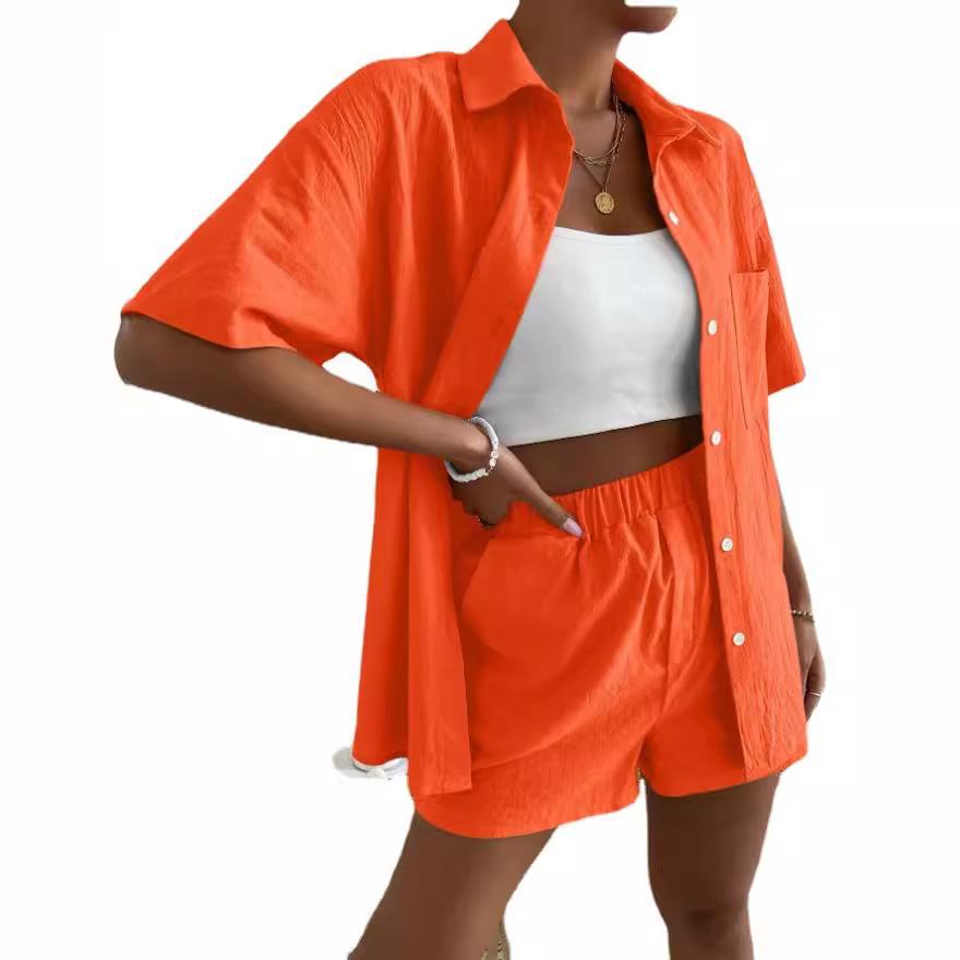 IHUASU Cotton and Linen Fashion Set, Solid-color Pocket Patch Off-the-shoulder Shirt and Shorts, Solid-color Short-sleeved Shirt