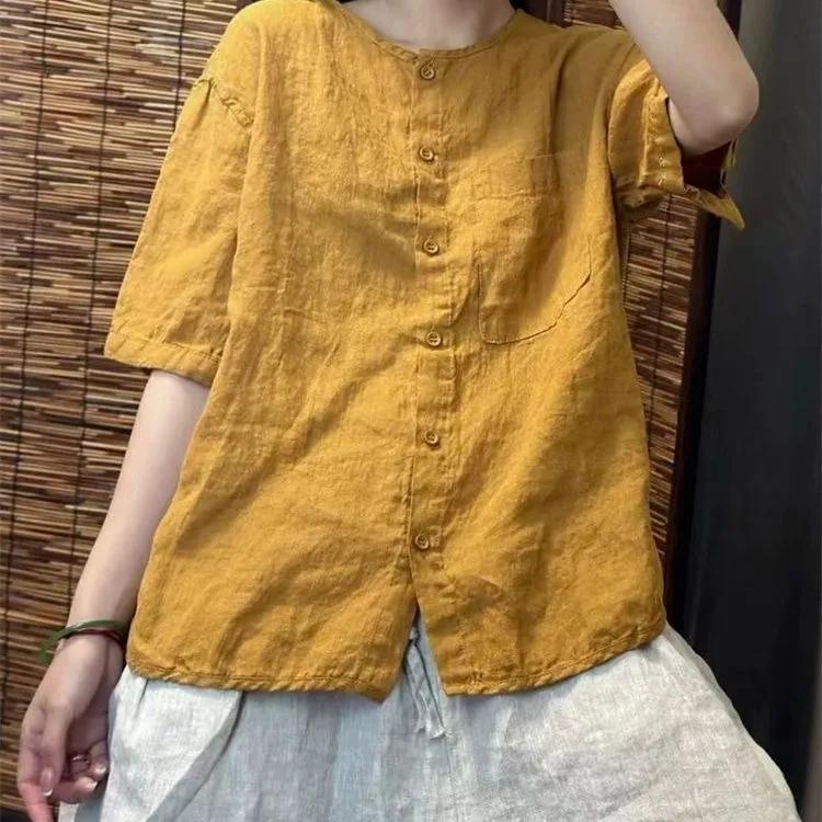Chiffon Baumwolle Leinen Rundhals T-Shirt Damen Sommer Vintage Kunst Locker Hemd Offener Cardigan Kurzes Hemd für Damen