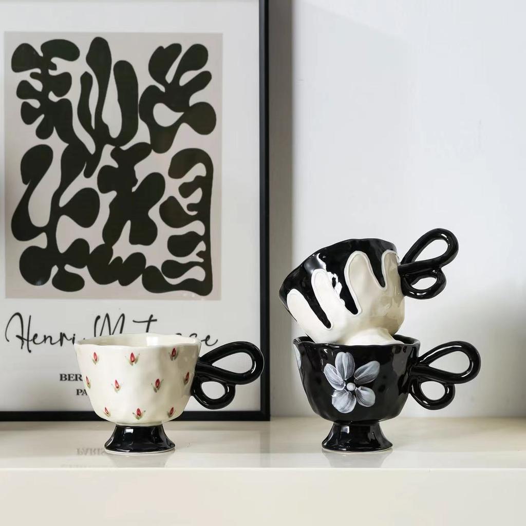 Butterfly Handle Hand-Squeezed Ceramic Hand-Painted Goblet High-End Niche Water Cup Large-Capacity Coffee Cup