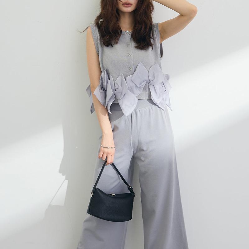 Summer Women Office Lady 2 Pcs Set O Neck Solid/Striped Sleeveless Bow Top+Wide Leg Pants Elegant Feminine Ladies' Suit