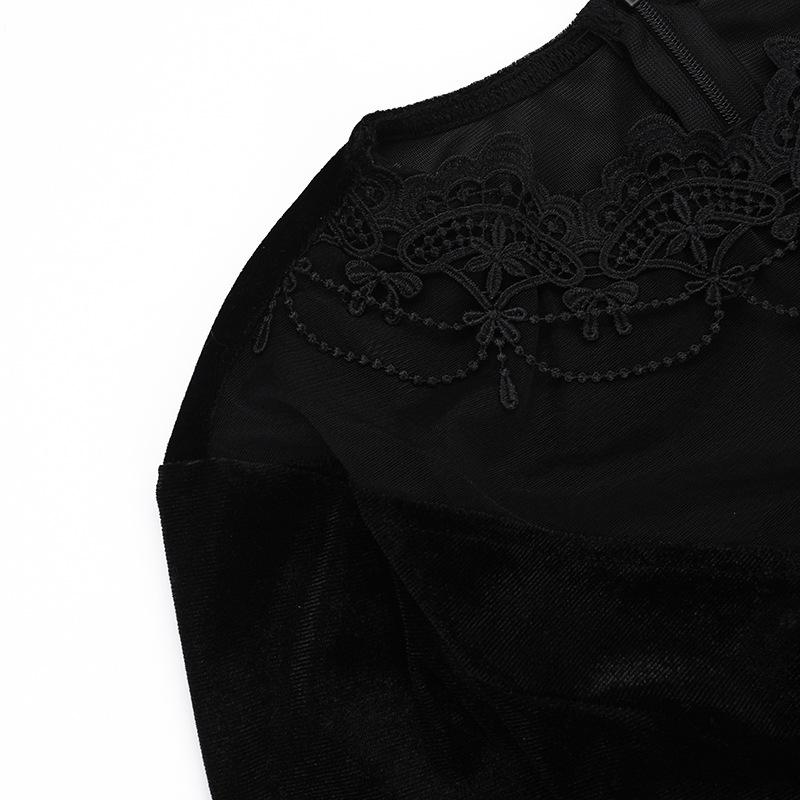 AltGoth Gothic Dark Halloween Velvet Dress Women Vintage Fairy Grunge Lace Patchwork Flare Sleeve High Waist Evening Party Dress