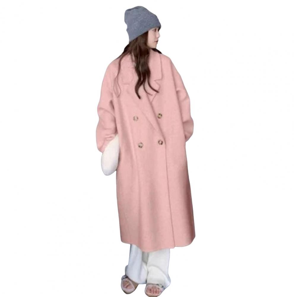 Women Winter Overcoat Double-breasted Turn-down Collar Long Sleeves Buttons Loose Cardigan Mid Length Outdoor Woolen Coat