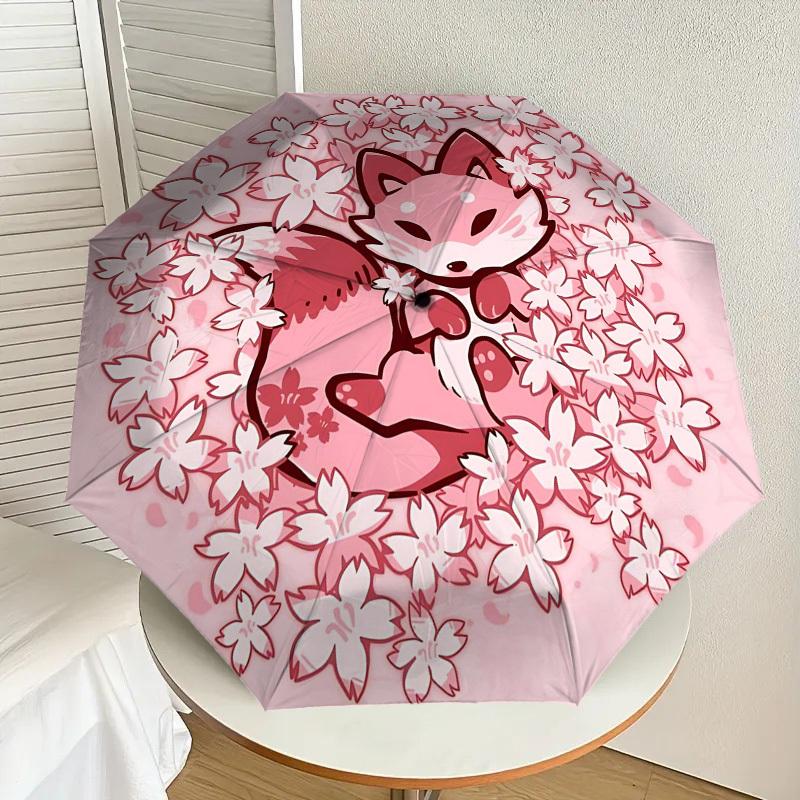 1pc Fox Cherry Blossoms Automatic Folding Umbrella 8 Rib Iron Frame,  Suitable for Travel, Daily Use, Birthday, Women & Men Gift c1231063
