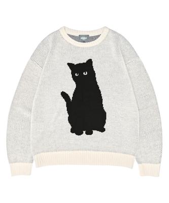VIDEO JOCKEY Black Cat Knit Sweater [Ivory]